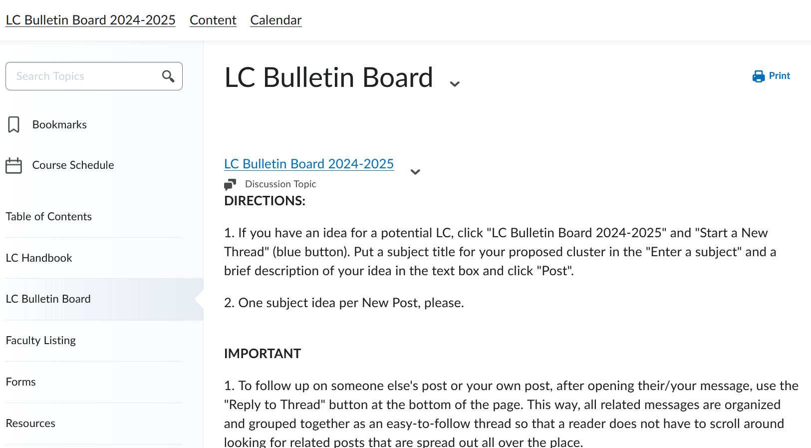 screenshot of the LC Bulletin Board on Brightspace